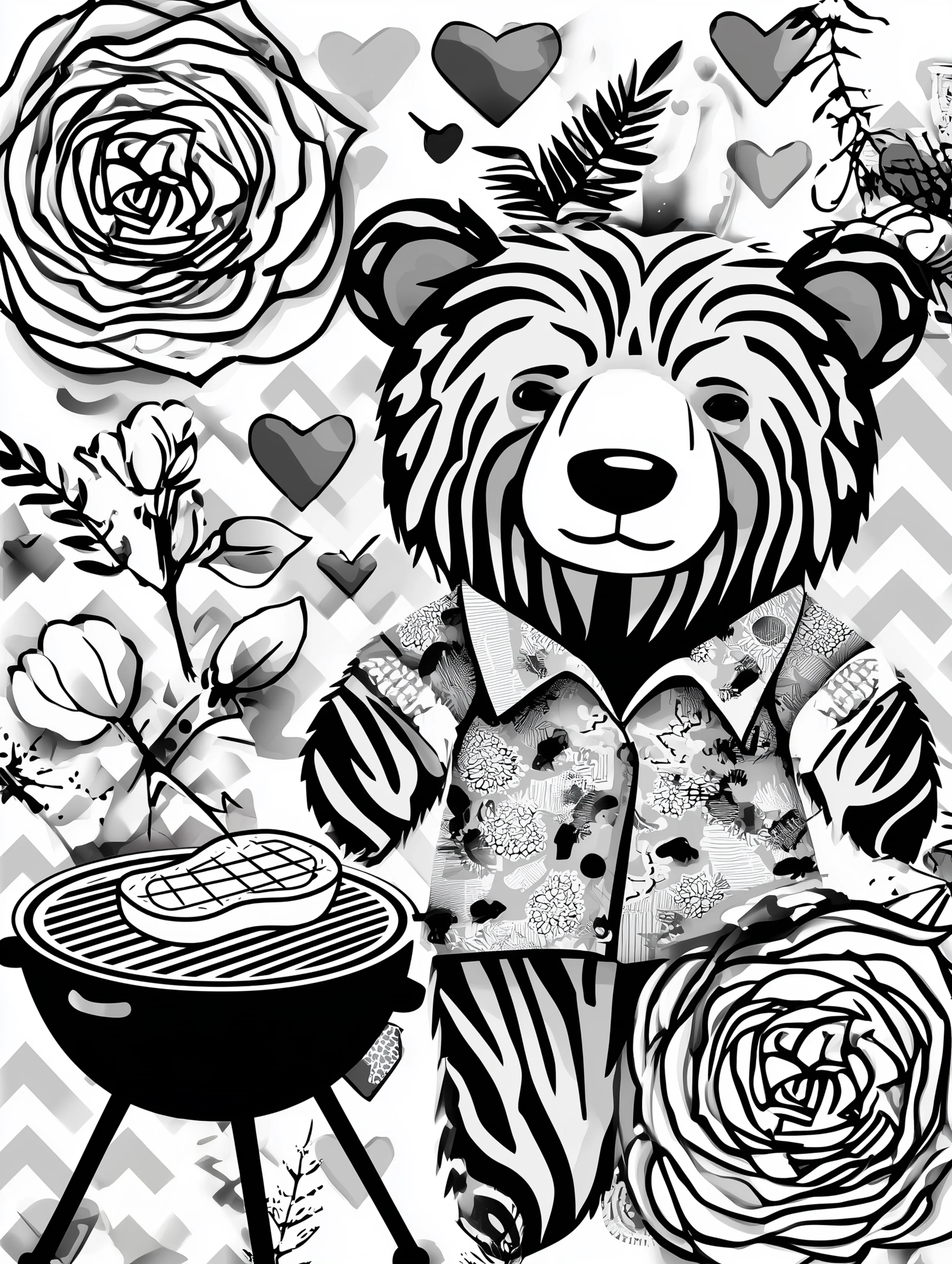 Free printable bear coloring book page featuring a bear grilling steak